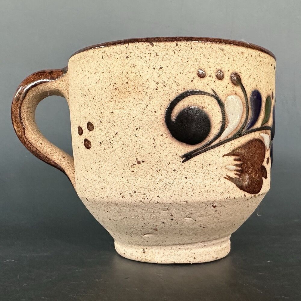 Vintage Mexican Pottery Mugs Set of 4 Tonala Style Hand Painted Stoneware Cups - Picture 12 of 16